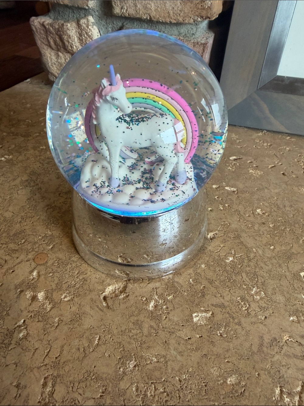 White Unicorn Snow Globe with Pink & Rainbow Accent that Lights up